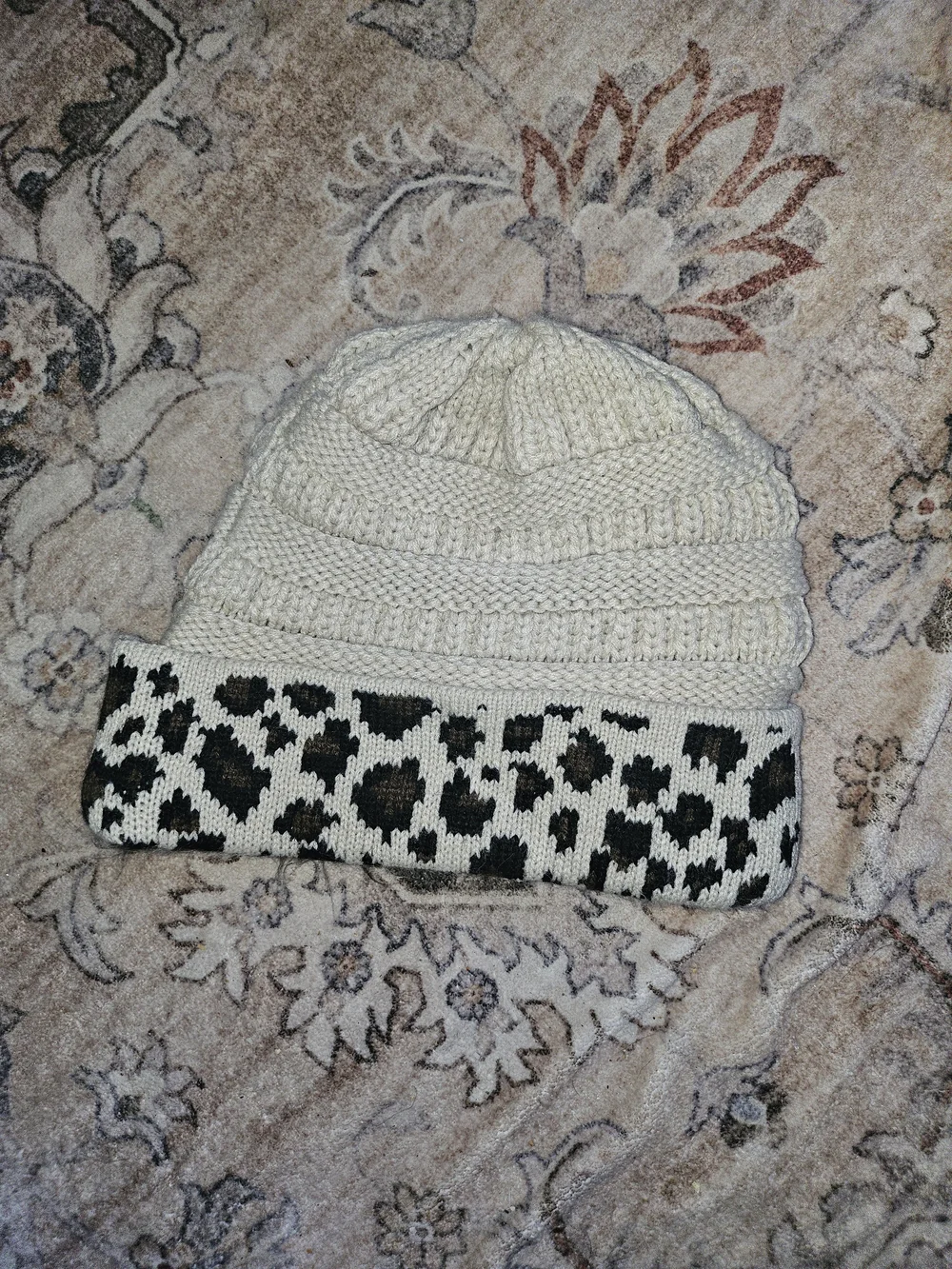 CC Boutique Cream Knit Beanie with Black Leopard Cuff